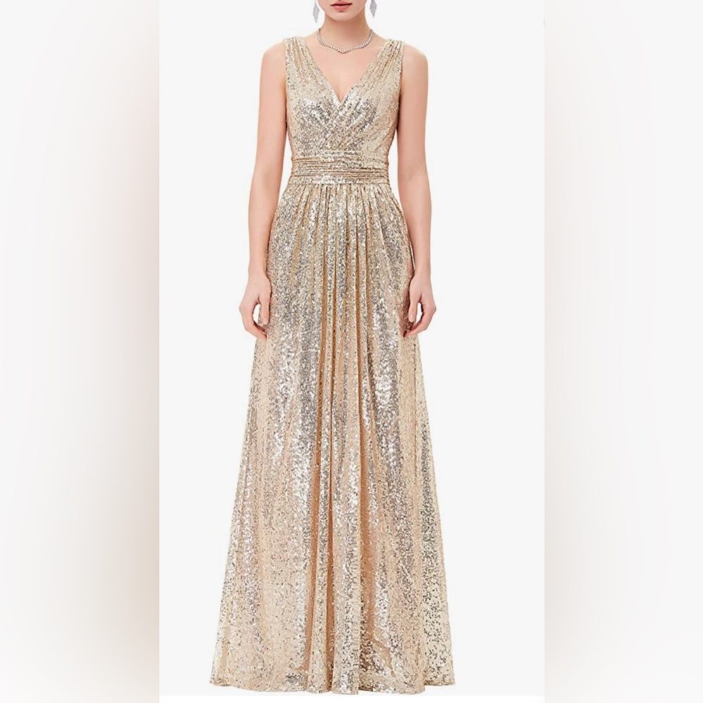 Kate Kasin sleeveless gold sequin high waisted gown.